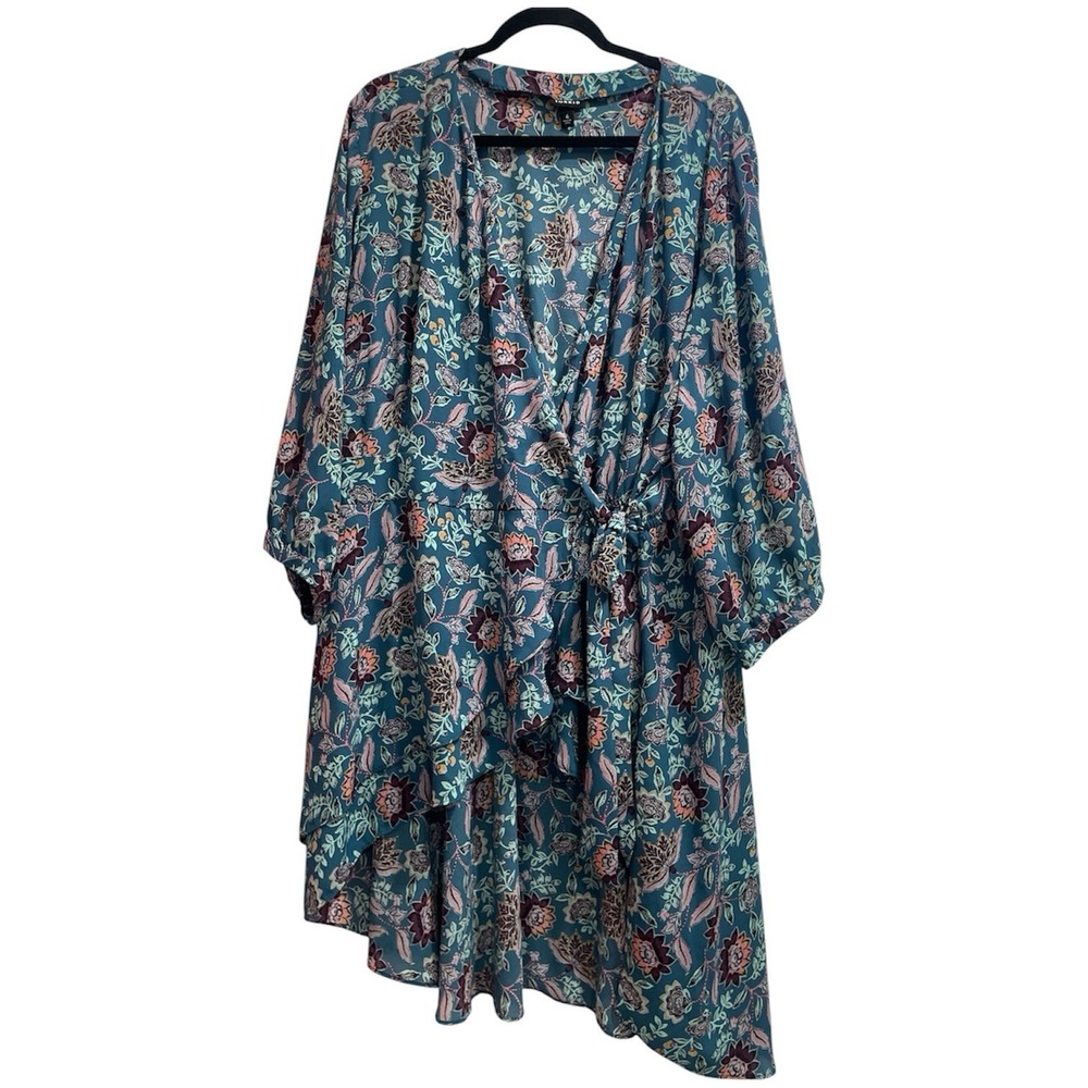 Torrid Georgette Floral Wrap Tunic Blouse Teal Blue Floral 3/4 Sleeve Sz 4X